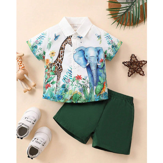 Venutaloza Baby Boy Animal Printed Short Sleeve Shirt And Shorts Two Piece Set.