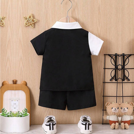 Venutaloza Boy's Panda Designer Short Sleeve Shirt And Shorts Without Tai Two Piece Set.