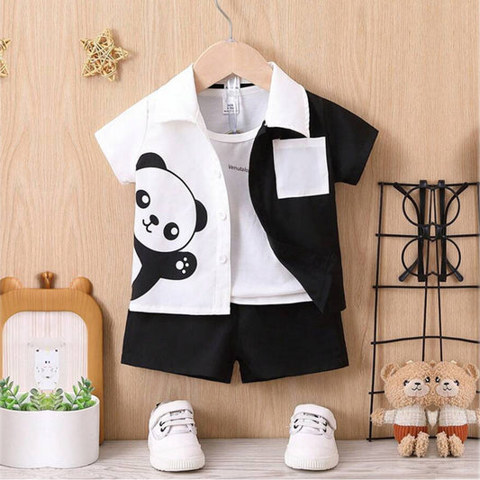 Venutaloza Boy's Panda Designer Short Sleeve Shirt And Shorts Without Tai Two Piece Set.