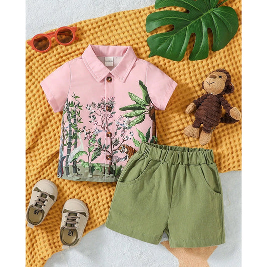 Venutaloza Boy's Cartoon Animal theme Short Sleeve Shirt And Shorts Two Piece Set.