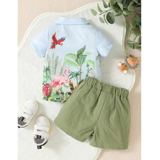 Venutaloza Boy's Animal Jungal Short Sleeve Shirt And Shorts Two Piece Set.