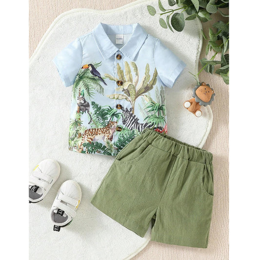 Venutaloza Boy's Animal Jungal Short Sleeve Shirt And Shorts Two Piece Set.