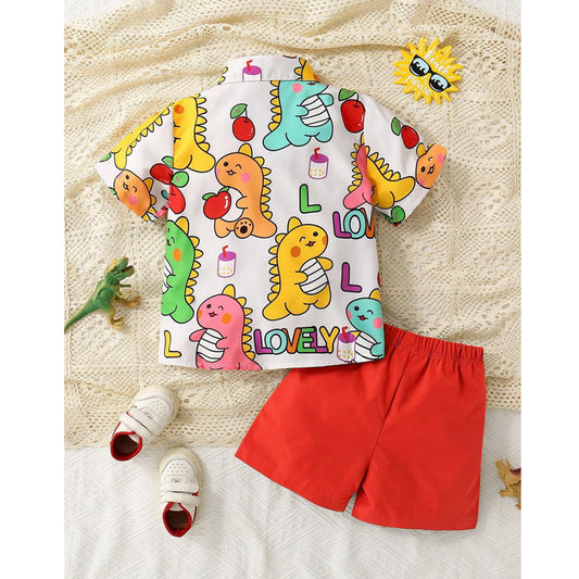 Venutaloza Boy's Cartoon Dinosaur Short Sleeve Shirt And Shorts Two Piece Set.