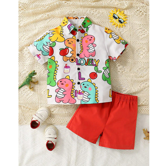 Venutaloza Boy's Cartoon Dinosaur Short Sleeve Shirt And Shorts Two Piece Set.