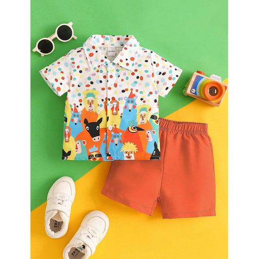 Venutaloza Boy's Colourful Dots Animal Print Short Sleeve Shirt And Shorts Two Piece Set.