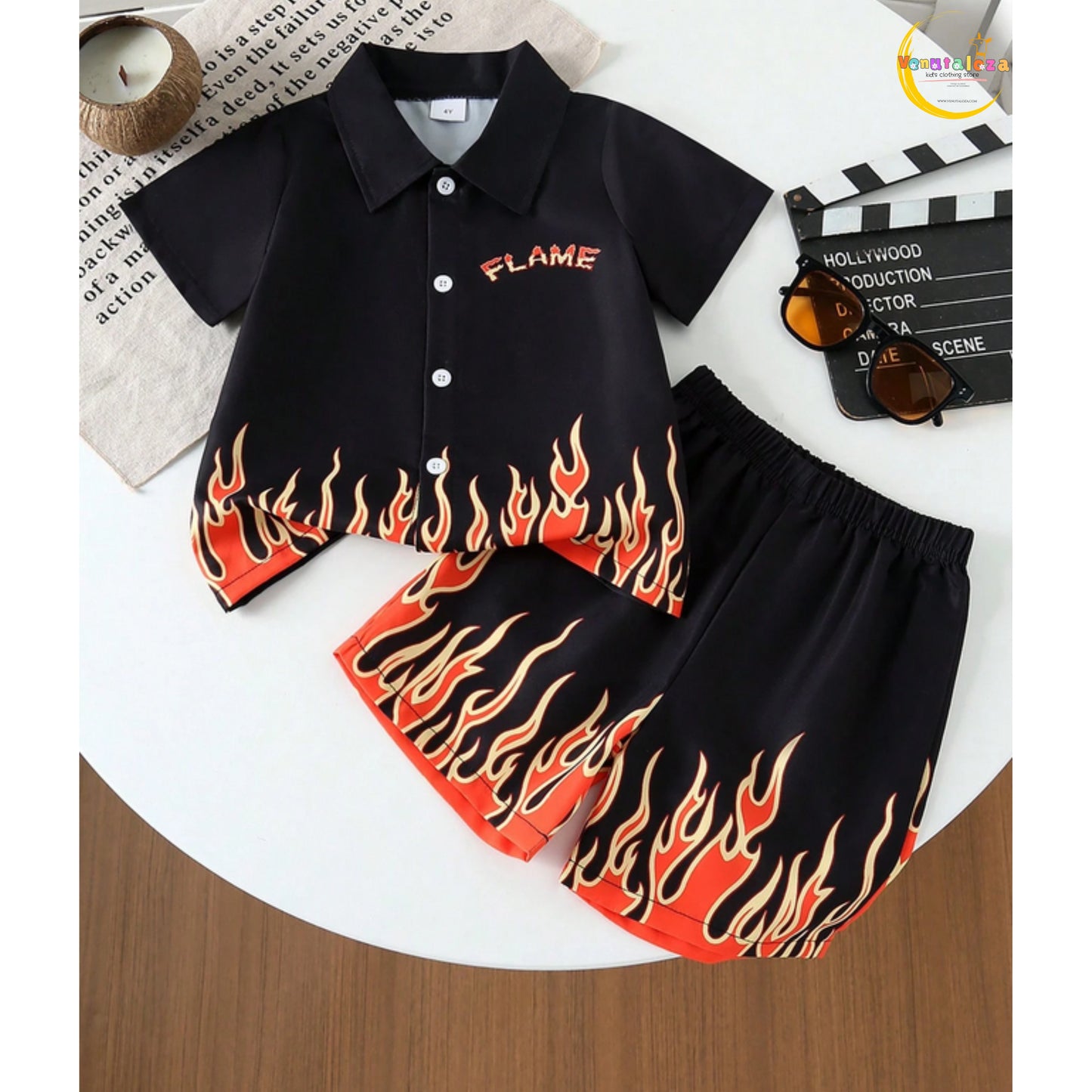 Baby Flame Fire Button Fly Shirt And Shorts Set For Boys.