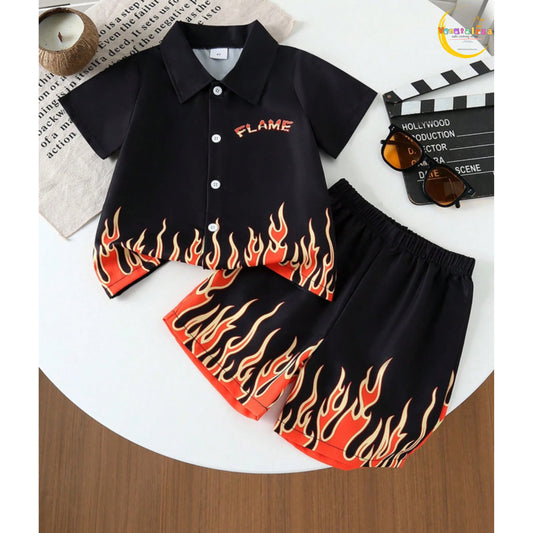Baby Flame Fire Button Fly Shirt And Shorts Set For Boys.