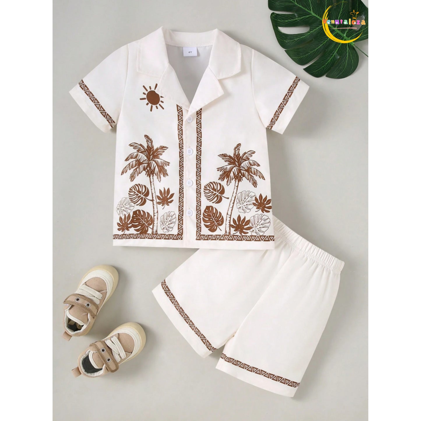 Boys Two-Piece Set Coconut Tree Collar Shirt and Comfortable Shorts, for Outdoor.