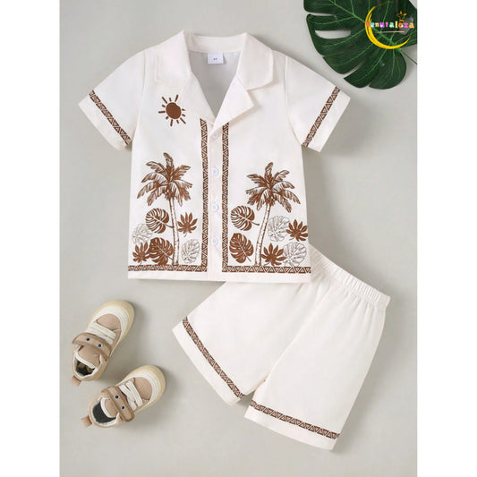 Boys Two-Piece Set Coconut Tree Collar Shirt and Comfortable Shorts, for Outdoor.
