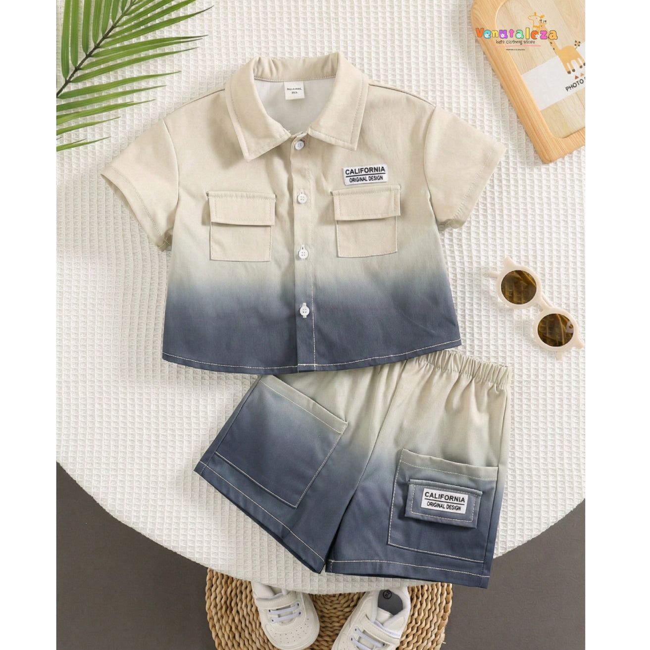 Baby Ombre Dyed Short Sleeve Shirt With Shorts Set For Boys.