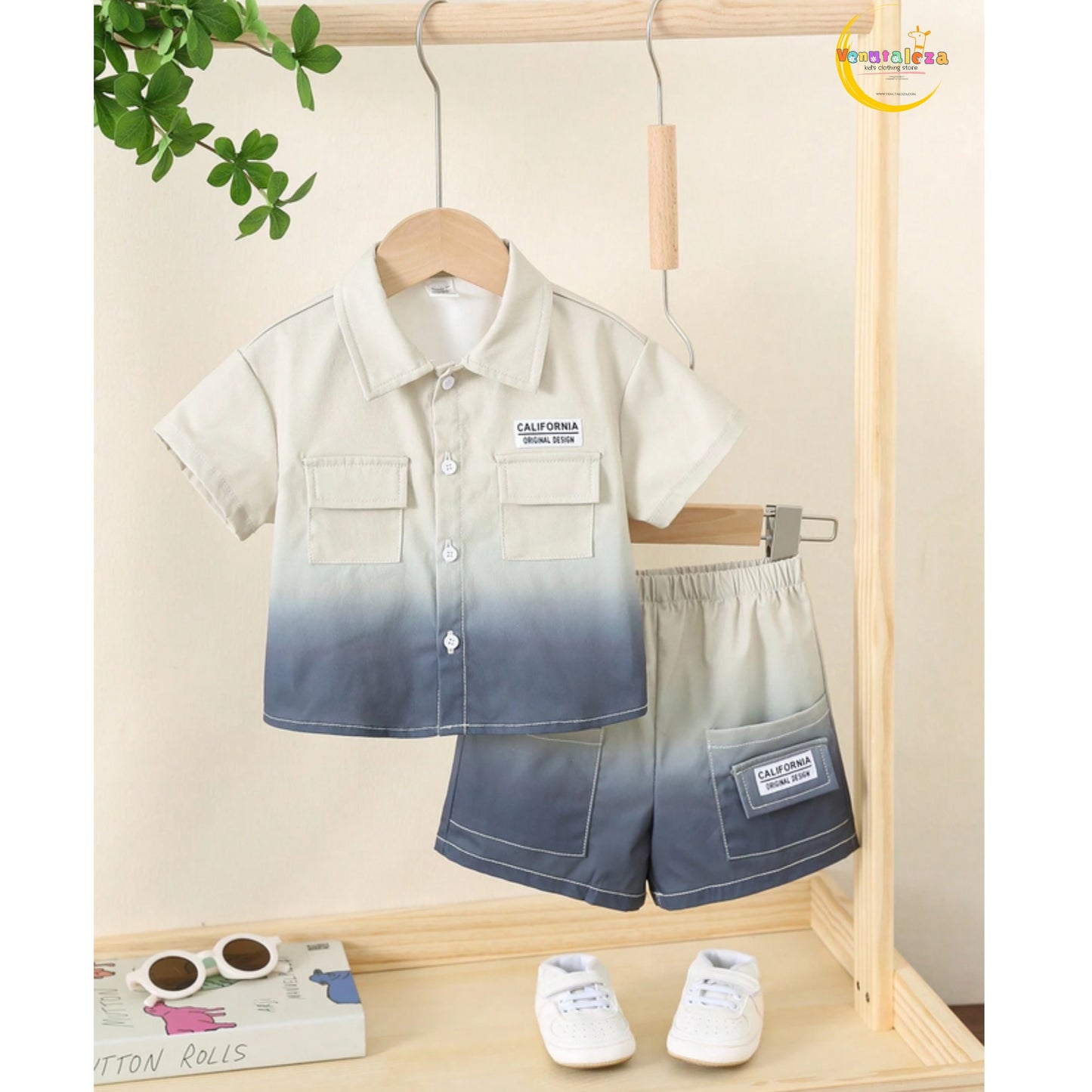 Baby Ombre Dyed Short Sleeve Shirt With Shorts Set For Boys.