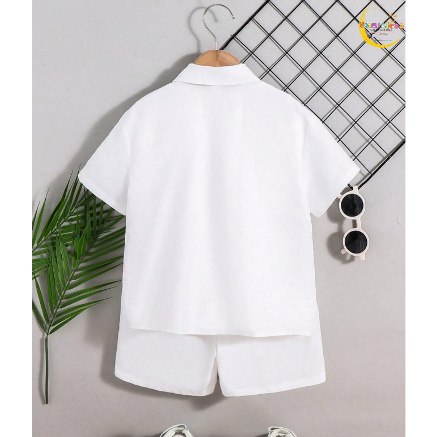 Venutaloza Tween Boy Coconut Palm Patched Detail Cotton Fabric Short Sleeve And Short For Vacation, School, Campus, College.