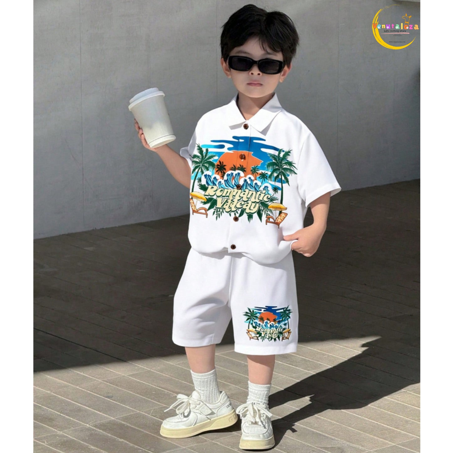 Venutaloza Tween Boy Coconut Palm Patched Detail Cotton Fabric Short Sleeve And Short For Vacation, School, Campus, College.