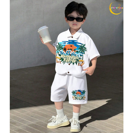 Venutaloza Tween Boy Coconut Palm Patched Detail Cotton Fabric Short Sleeve And Short For Vacation, School, Campus, College.