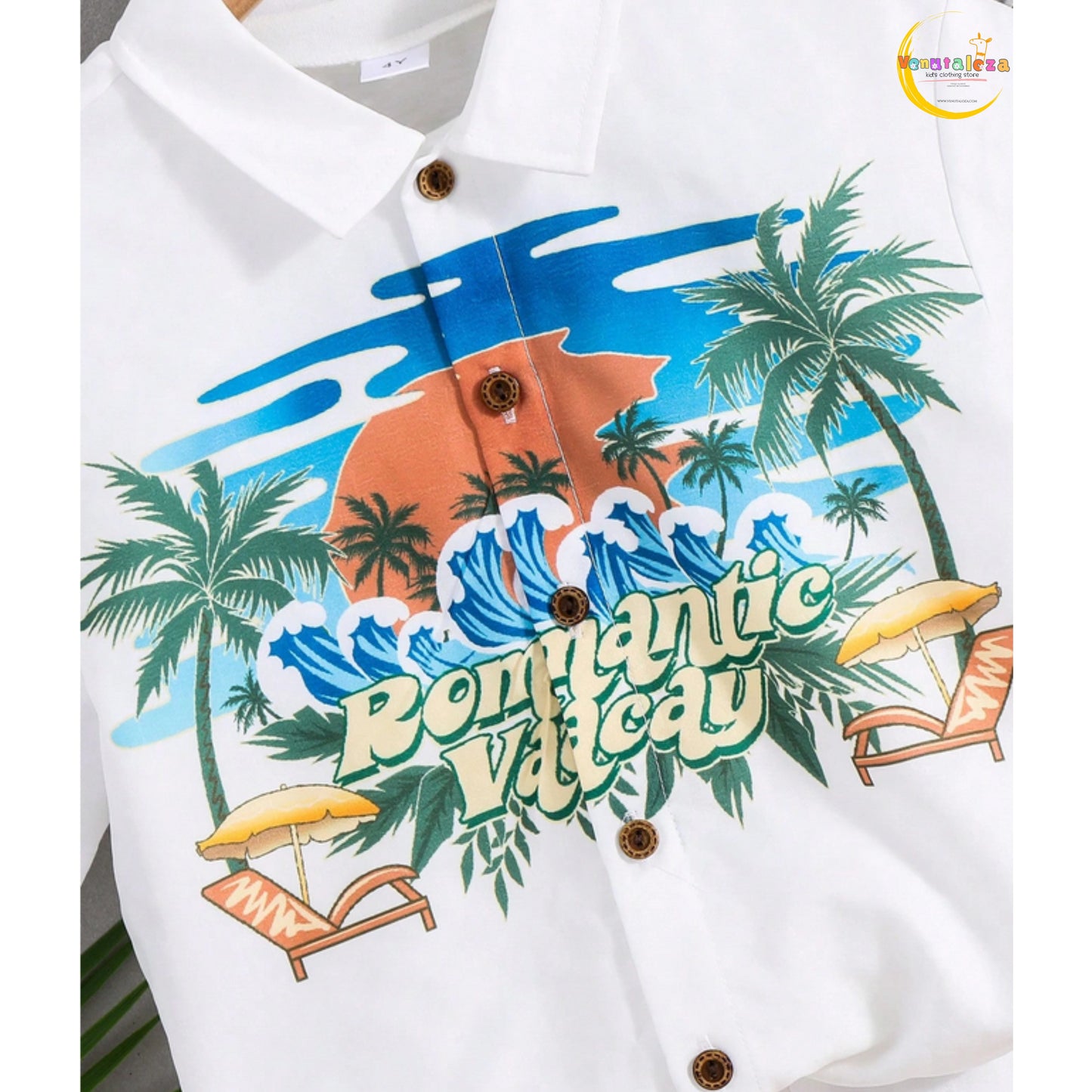 Venutaloza Tween Boy Coconut Palm Patched Detail Cotton Fabric Short Sleeve And Short For Vacation, School, Campus, College.