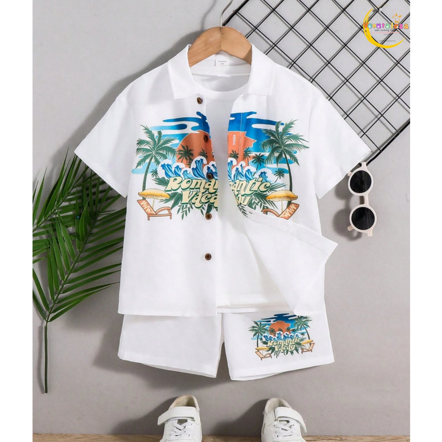 Venutaloza Tween Boy Coconut Palm Patched Detail Cotton Fabric Short Sleeve And Short For Vacation, School, Campus, College.