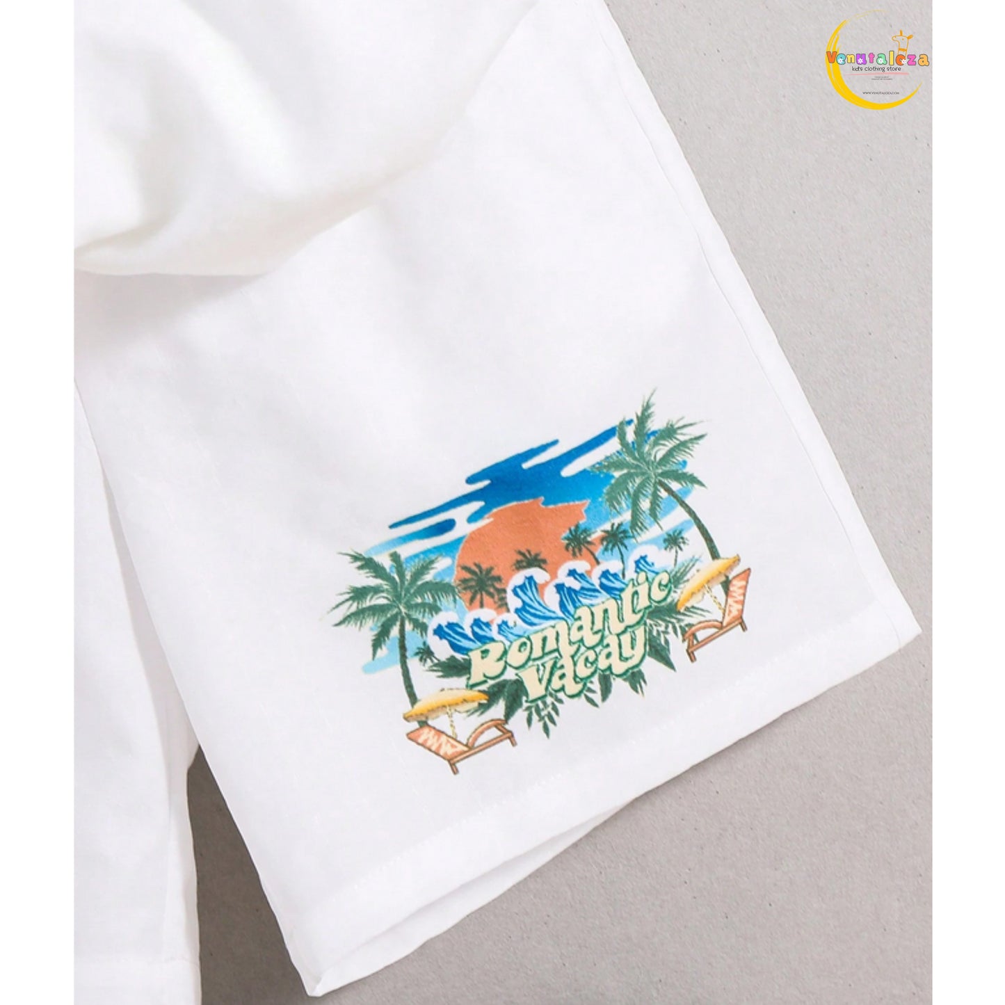 Venutaloza Tween Boy Coconut Palm Patched Detail Cotton Fabric Short Sleeve And Short For Vacation, School, Campus, College.