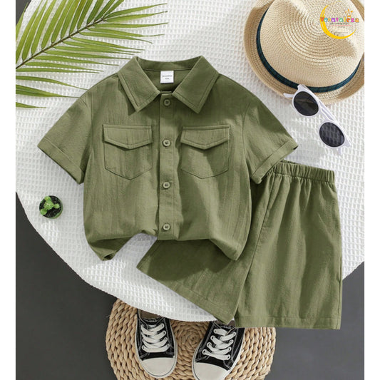 2pcs/Set Kids/Tween Boys' Casual Resort Style Polo Collar Pullover Short Sleeve Top & Loose Shorts Outfit.