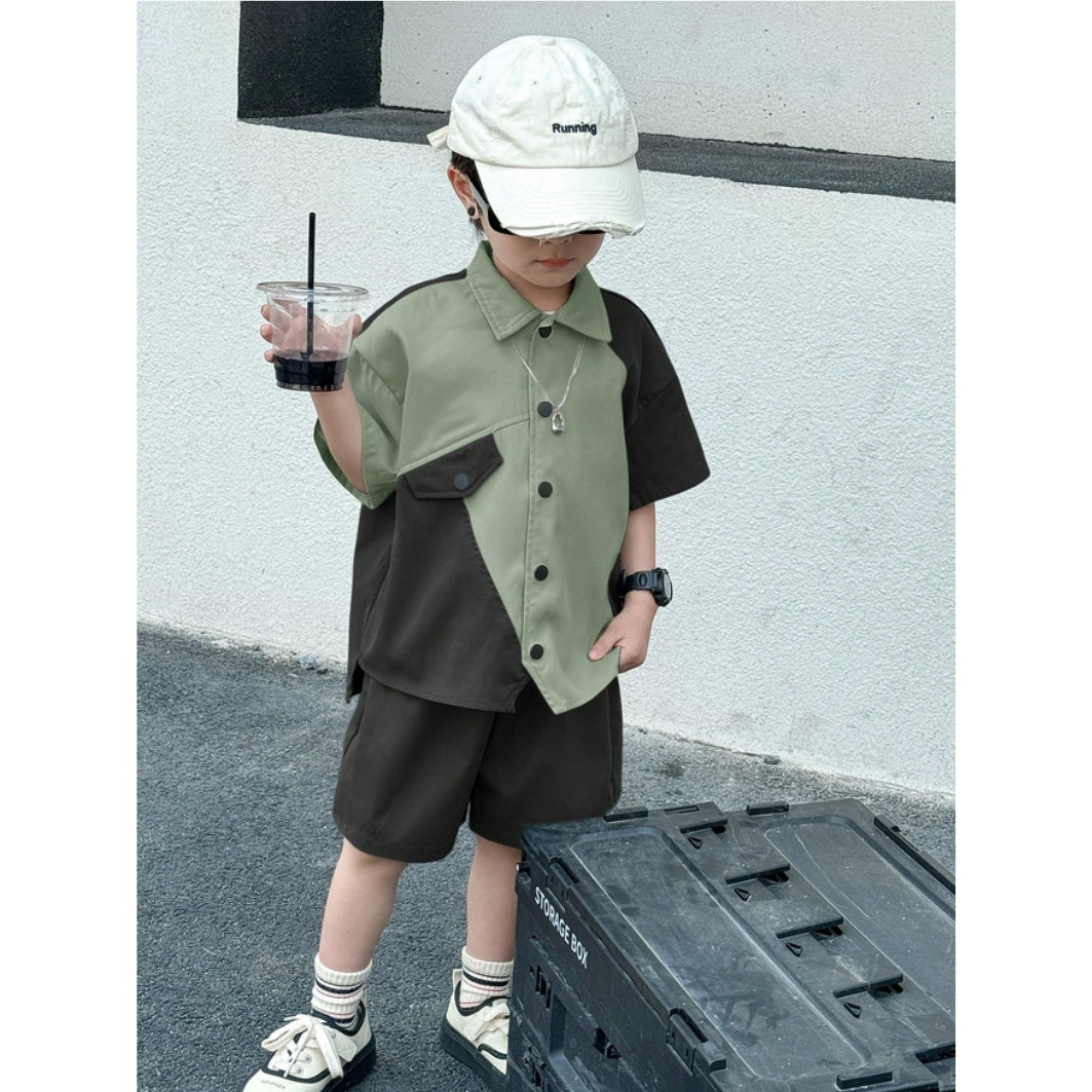 Venutaloza 2-Pc Kids Colourblocked Shirt with Shorts Two Piece Set.