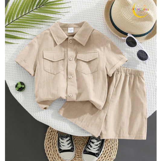 Baby Set Kids/Tween Boys' Casual Resort Style Polo Collar Pullover Short Sleeve Top & Loose Shorts Outfit.