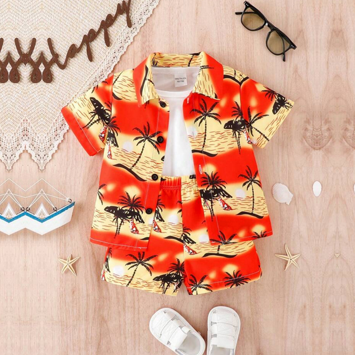 Venutaloza Stylish Kid's Sunshine Tropical Print Shirt & Shorts Without tee Two Piece Set.