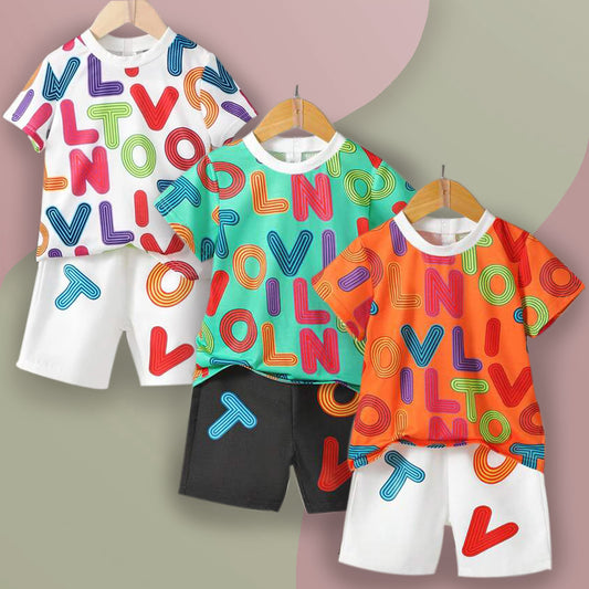 Venutaloza Stylish Baby Set Letters Casual T-Shirt & Shorts Two Piece Set For Boys.  (Combo Pack Of 3) T-Shirt & Shorts For Boys