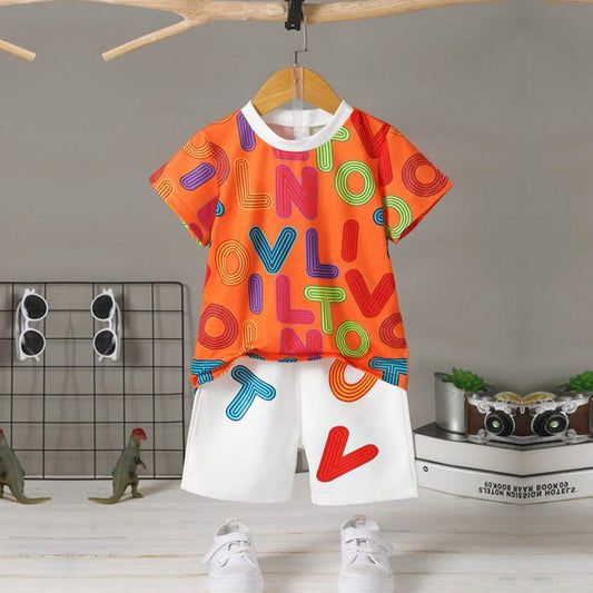 Venutaloza Kids Orange Letters Casual T-Shirt & Shorts Two Piece Set For Boys.