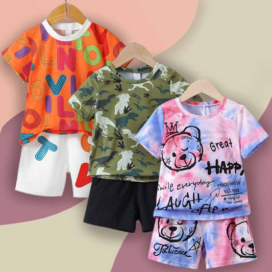 Venutaloza Stylish Baby Set Letters Casual & Hypmev Tie Dye Bear_Dinosaur Two Piece Set (Combo Pack Of 3) T-Shirt & Shorts For Boys