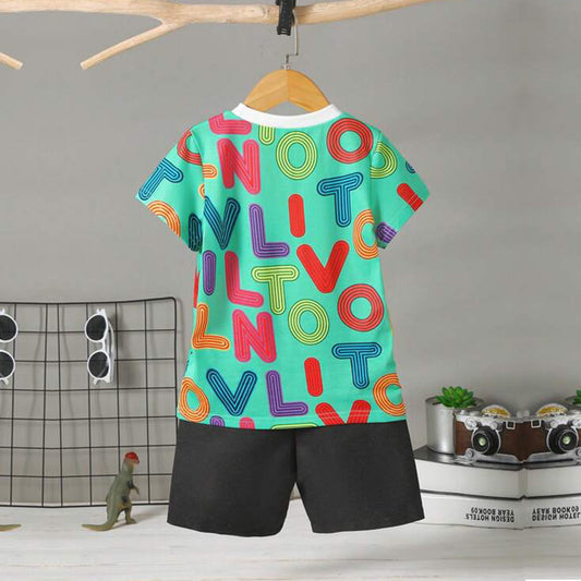 Venutaloza Kids Green Letters Casual T-Shirt & Shorts Two Piece Set For Boys.