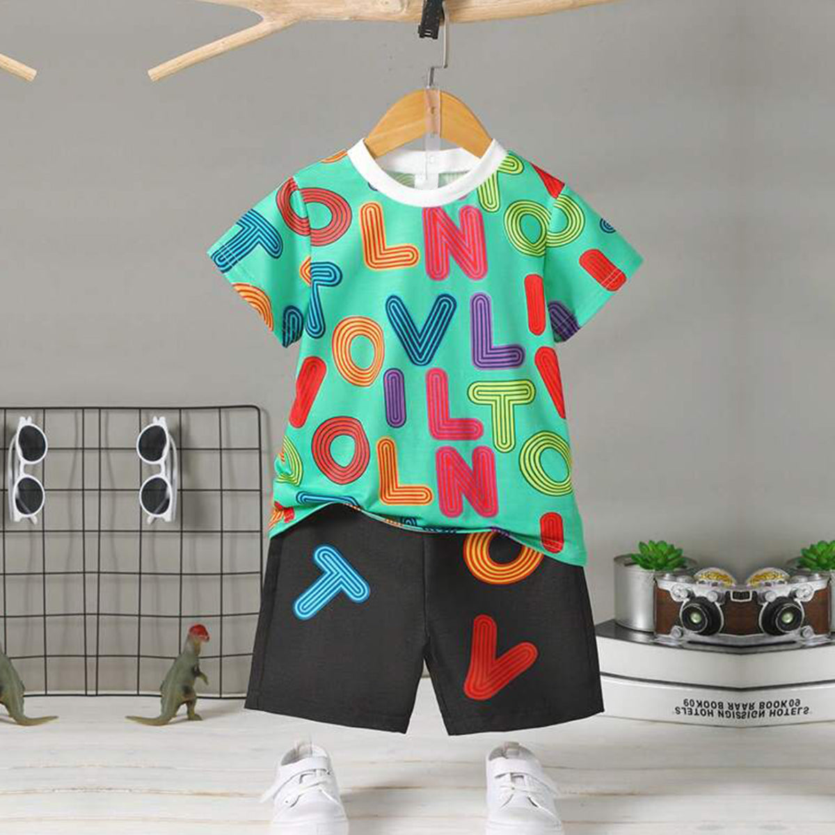 Venutaloza Kids Green Letters Casual T-Shirt & Shorts Two Piece Set For Boys.