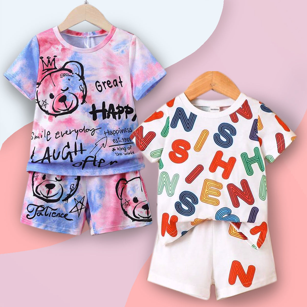 Venutaloza Stylish White Baby Set Letters Graphic Print & Tie Dye Bear (Combo Pack Of 2) T-Shirt & Shorts For Boy & Girls..