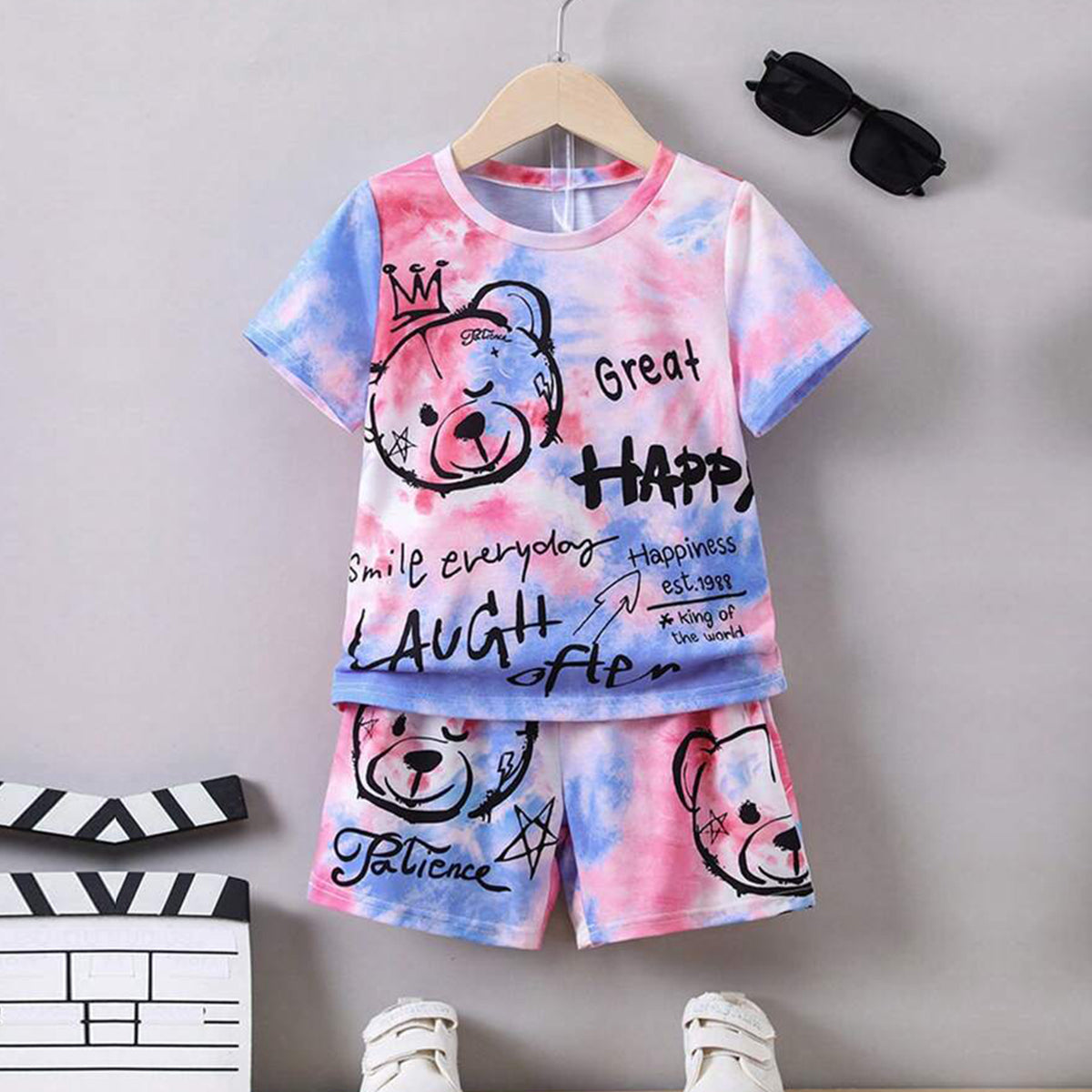 Venutaloza Stylish White Baby Set Letters Graphic Print & Tie Dye Bear (Combo Pack Of 2) T-Shirt & Shorts For Boy & Girls..