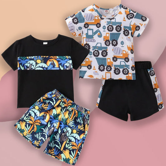 Venutaloza Stylish White Baby Set Car Graphic Print & Colorblock Floral (Combo Pack Of 2) T-Shirt & Shorts For Boy & Girls..