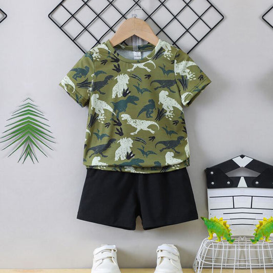 Venutaloza Kids Everyday Dinosaur Casual T-Shirt & Shorts Two Piece Set For Boys.