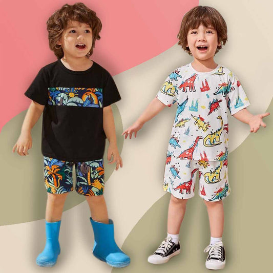 Venutaloza Stylish White Baby Set Floral Sunshine Graphic Print & Dinosaur (Combo Pack Of 2) T-Shirt & Shorts For Boy & Girls..