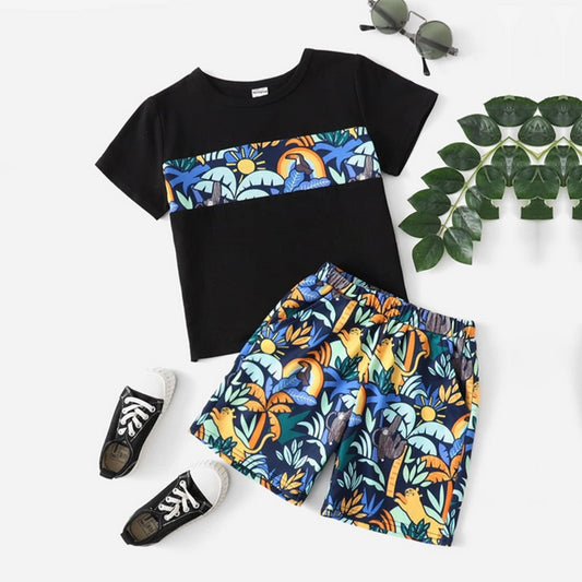 Venutaloza Kids Tropical Casual T-Shirt & Shorts Two Piece Set For Boys.