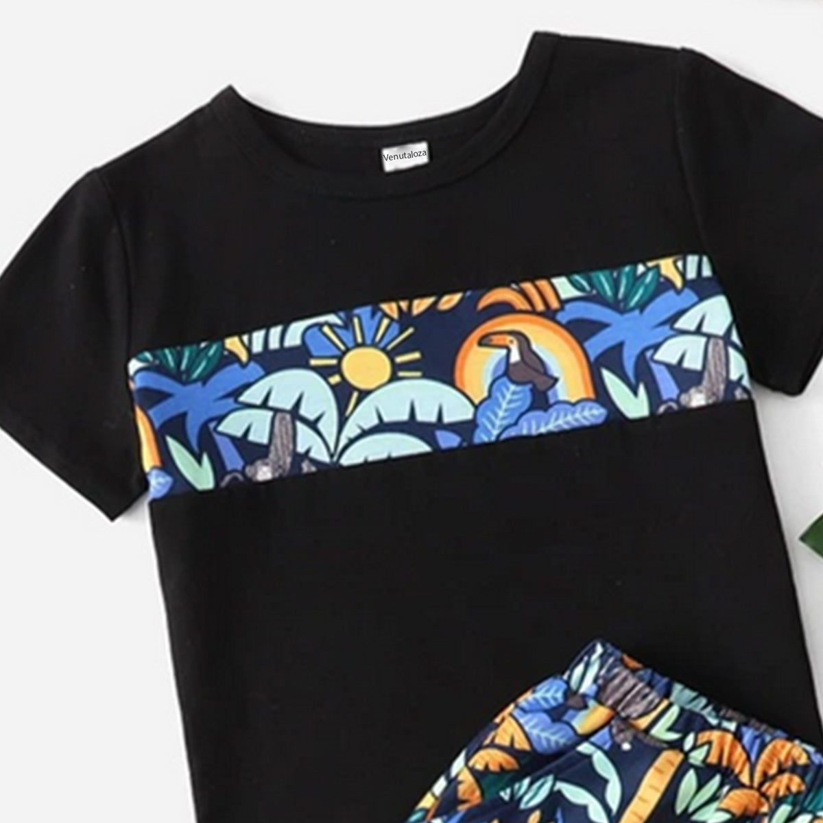 Venutaloza Kids Tropical Casual T-Shirt & Shorts Two Piece Set For Boys.