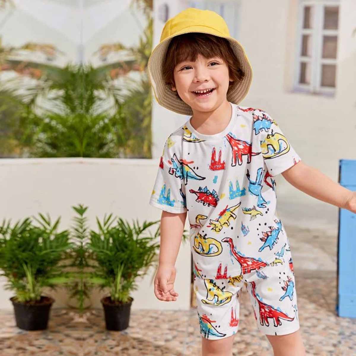 Venutaloza Kids Cartoon Dinosaur Letters Casual T-Shirt & Shorts Two Piece Set For Boys.