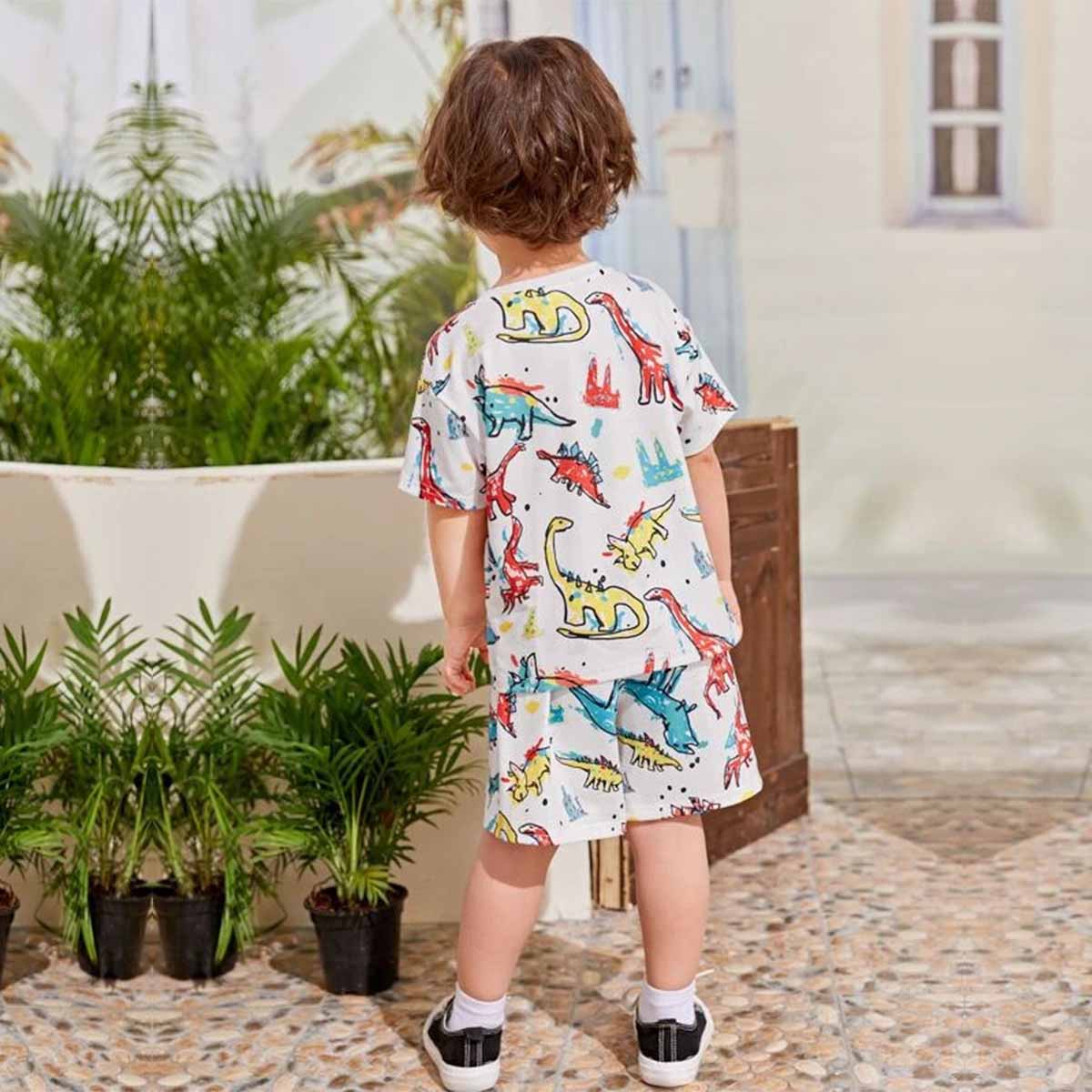 Venutaloza Stylish White Baby Set Floral Sunshine Graphic Print & Dinosaur (Combo Pack Of 2) T-Shirt & Shorts For Boy & Girls..