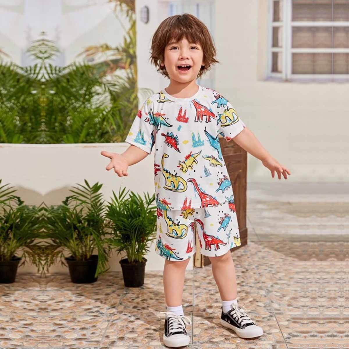 Venutaloza Kids Cartoon Dinosaur Letters Casual T-Shirt & Shorts Two Piece Set For Boys.