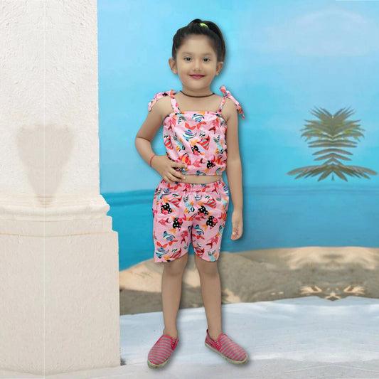 Babygirl's Stylish Fish Pink Designer Top & Short For Kids.