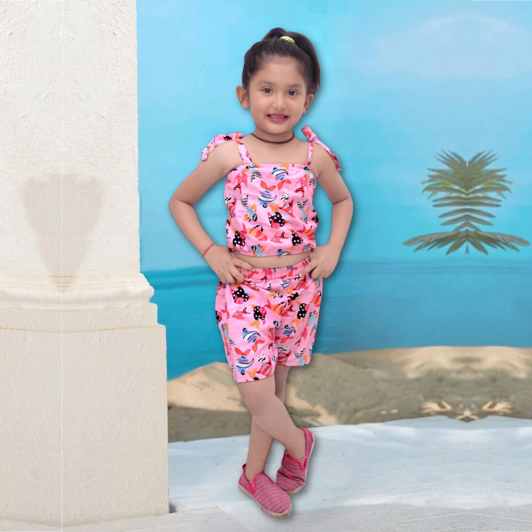 Babygirl's Stylish Fish Pink Designer Top & Short For Kids.