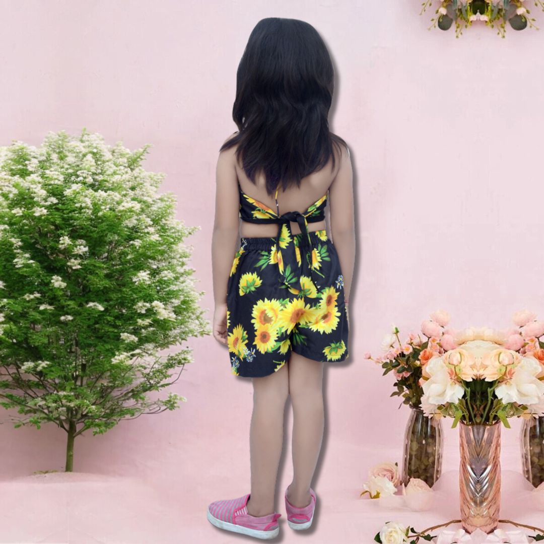 BabyGirl's Stylish Yellow Sun_Flower Design Top & Shorts For Kids.