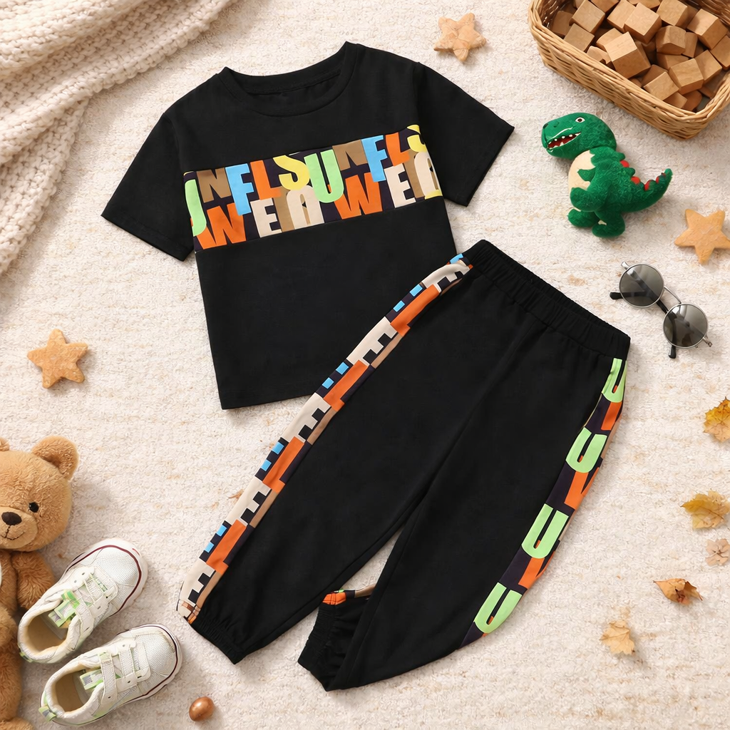 Venutaloza Toddler Boys letter Graphic T-Shirt & Pants Baby Baby Set.