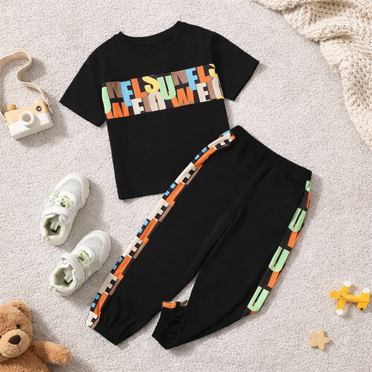 Venutaloza Toddler Boys letter Graphic T-Shirt & Pants Baby Baby Set.
