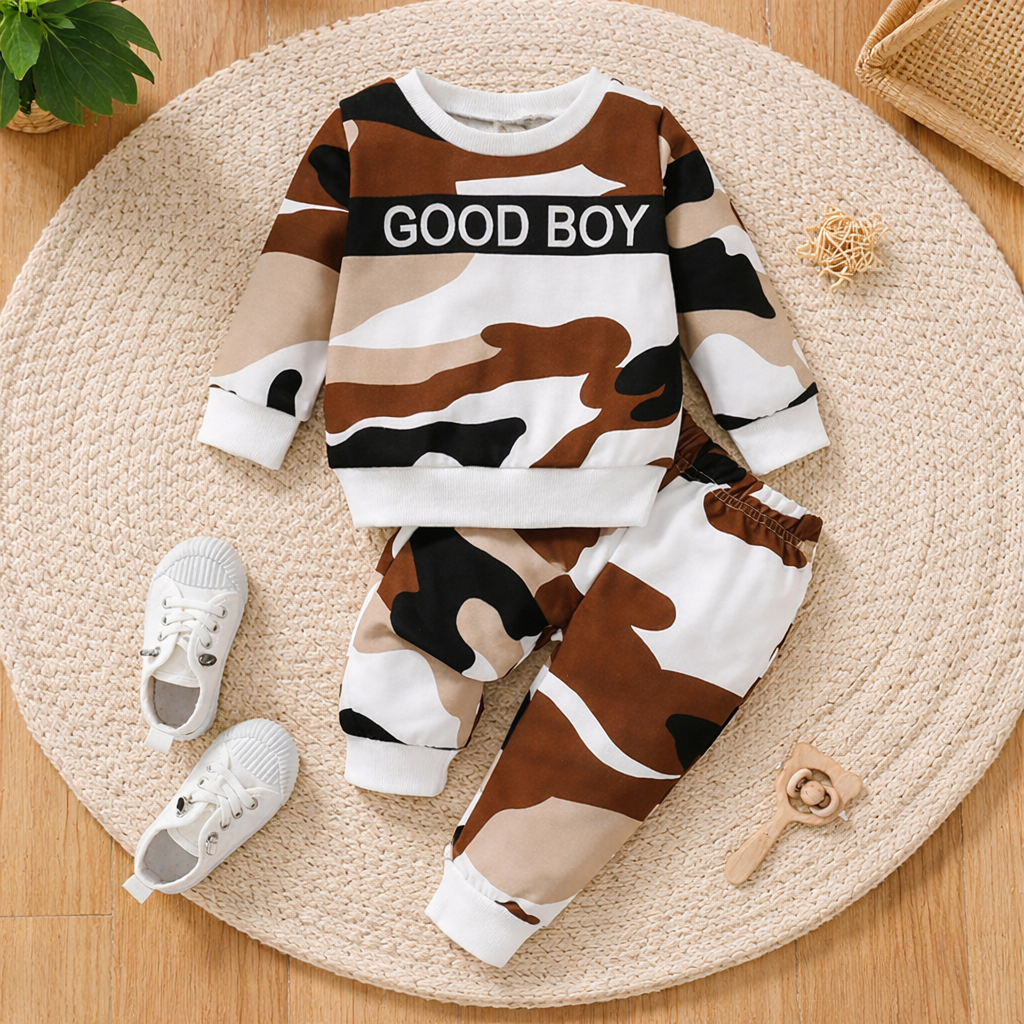 Venutaloza Baby Set Color-Block Letter And Camo T-shirt & Pants.