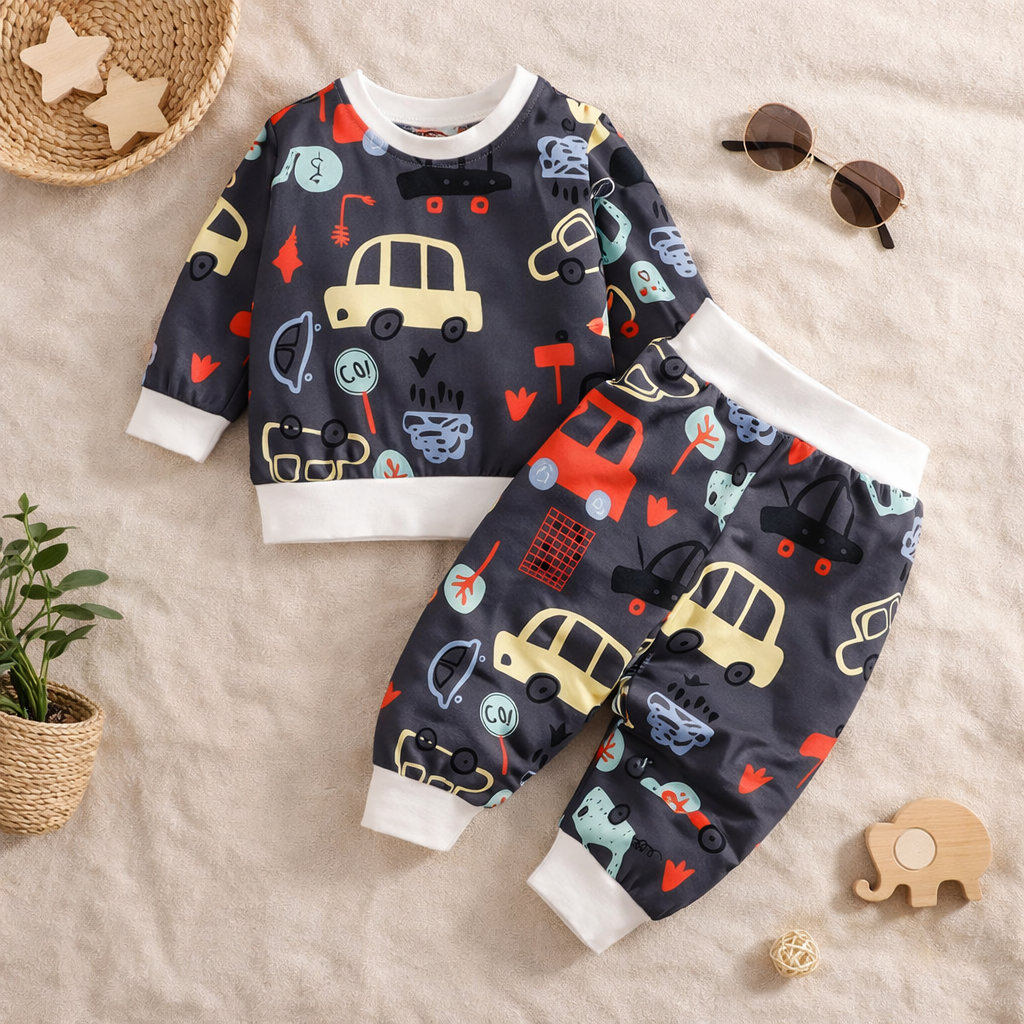 Venutaloza Baby Boys Car & Tree Pullover Print Graphic T-shirt & Pants For Boys.