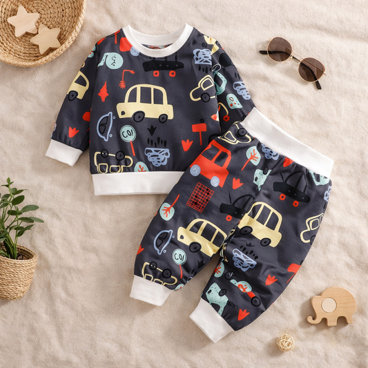 Venutaloza Baby Boys Car & Tree Pullover Print Graphic T-shirt & Pants For Boys.