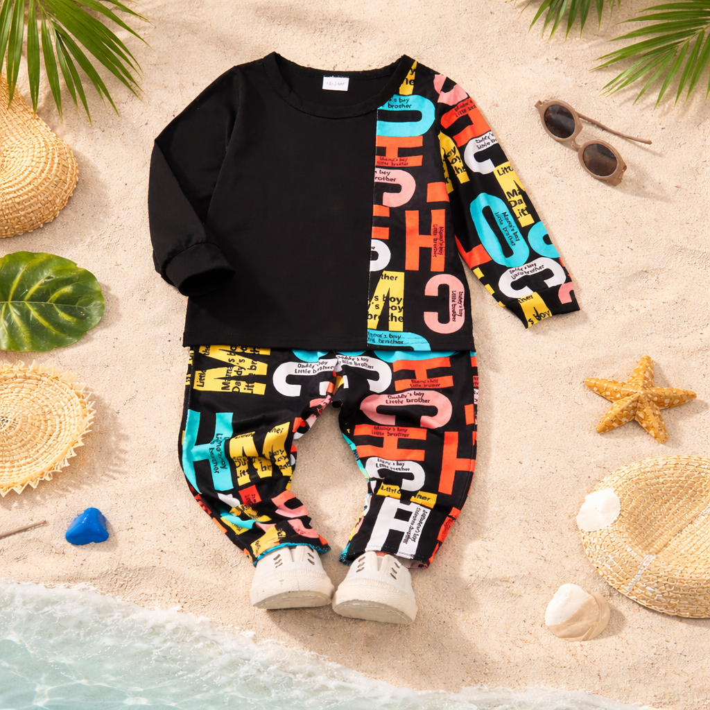 Venutaloza Boys Alphabet Letter Patchwork Set T_Shirt & Pent.