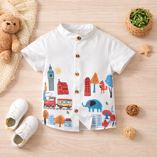 White London Border Print Short Sleeve Shirt For Boy.